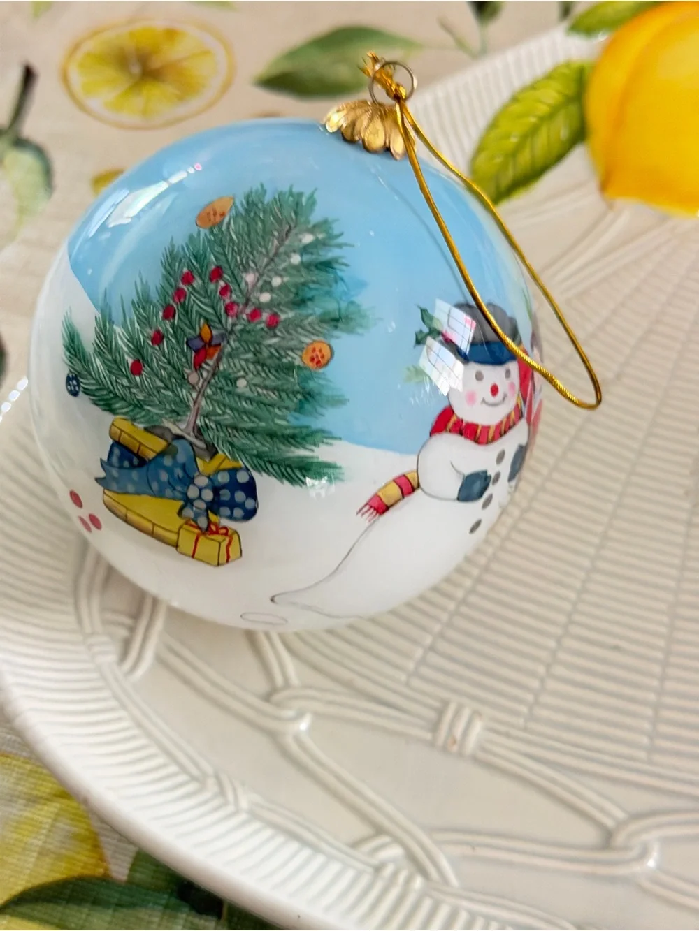 Pier one li bein had painted Holiday Snowman Glass Ornament - Light Blue